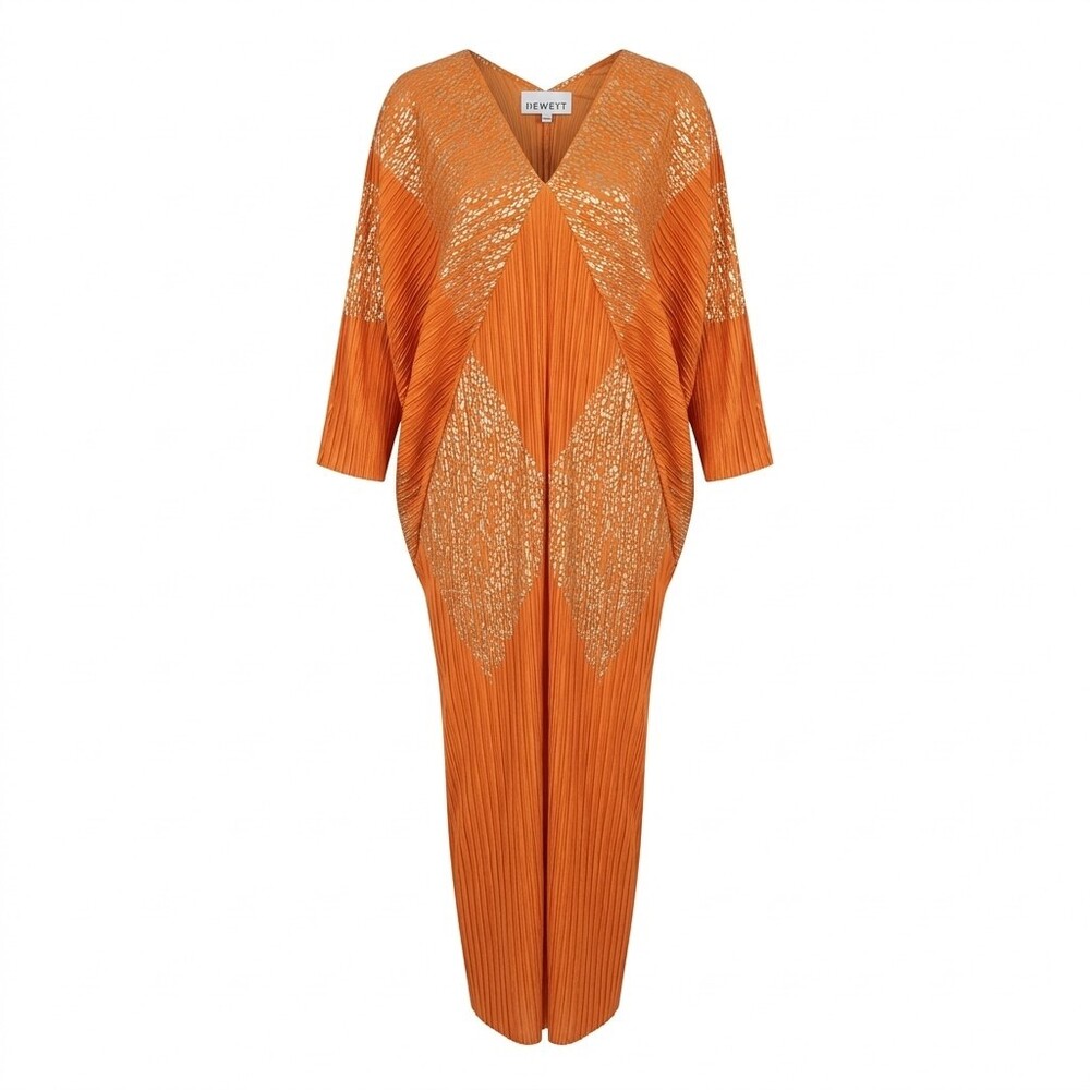 Kate Hewko Orange Gold Metallic Pleated Maxi Dress Kaftan Oversized Avant OS